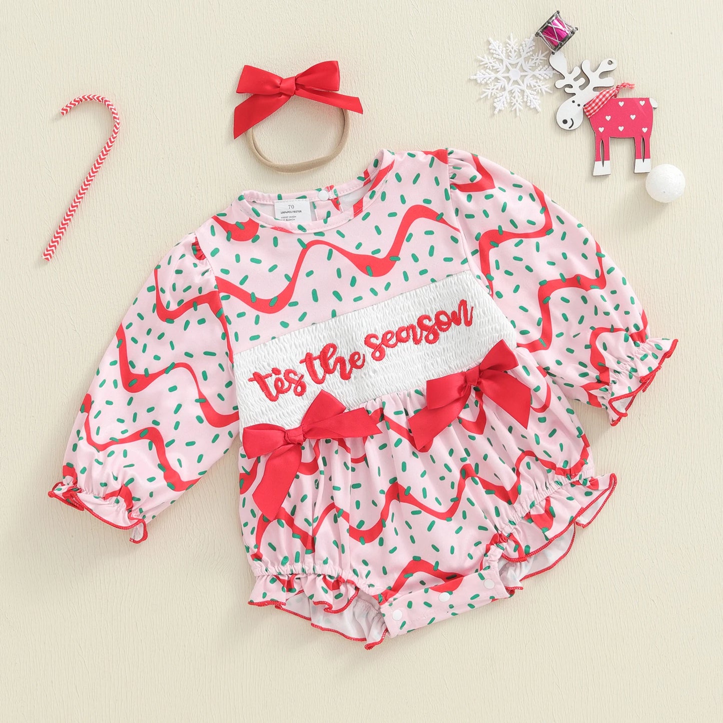 Baby Girls Christmas Romper Set - Letter Embroidery with Bow Headband