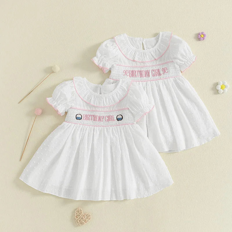 0-4Y Kids Girls Birthday Dress 2 Style Short Sleeve Cake Embroidery Smocked Dress Summer A-Line Dress