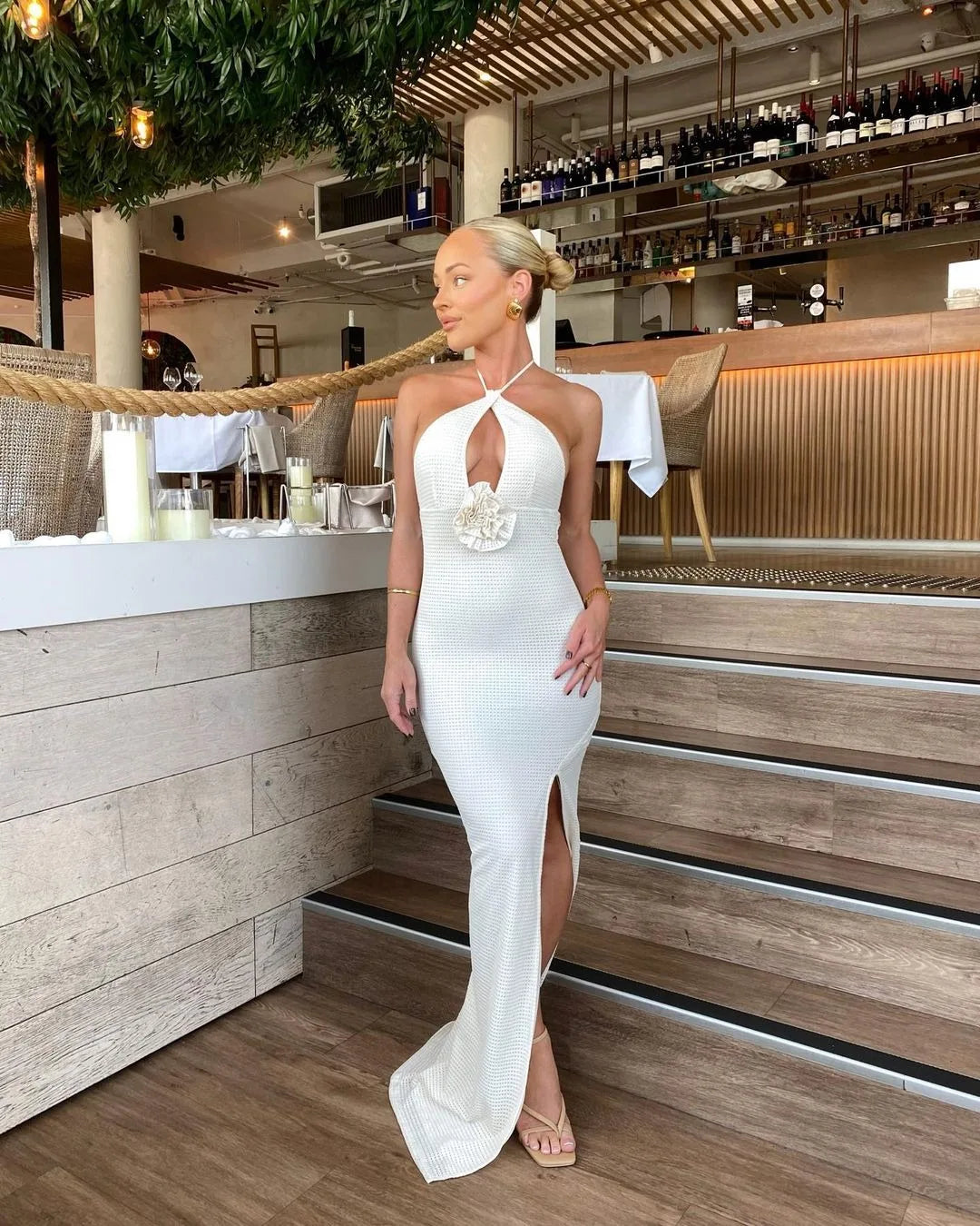 Women's Floral Applique Halter Summer Maxi Cut Out Backless Split Dress