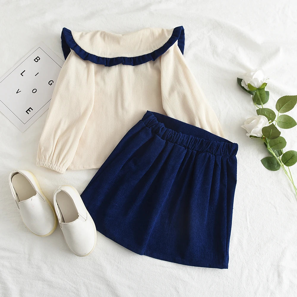 Girl's Long Sleeve Half Doll Neck Shirt Top and Bow Skirt Two Piece Set