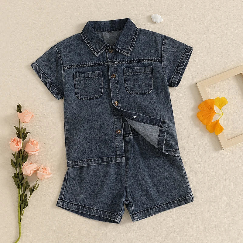 2-6Y Kids Boys Girls Summer Denim Clothes Sets Short Sleeve Button-down Shirt with Elastic Waist Shorts