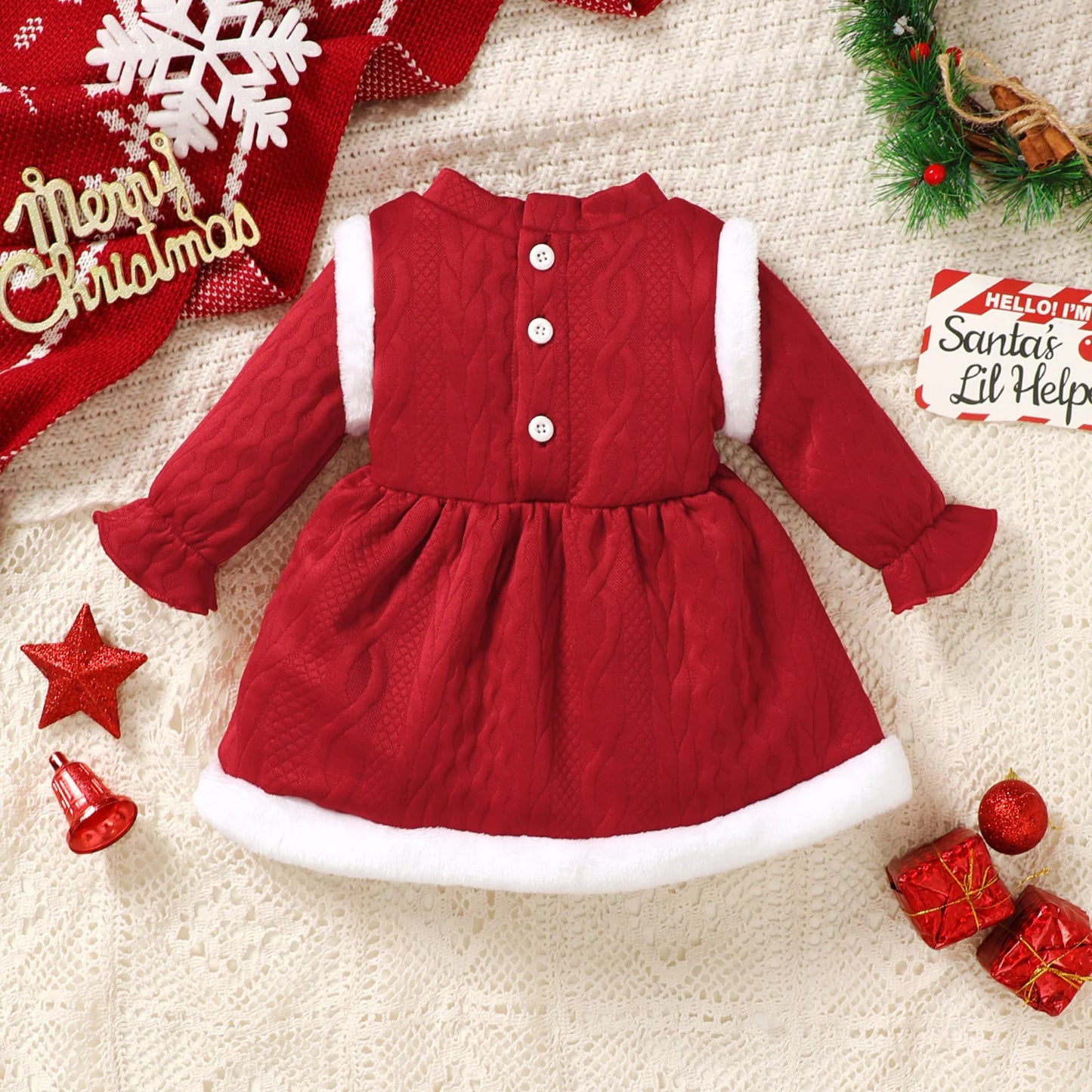 Baby Girls Christmas Dress - Long Sleeve Bow Patchwork Winter Party Dress