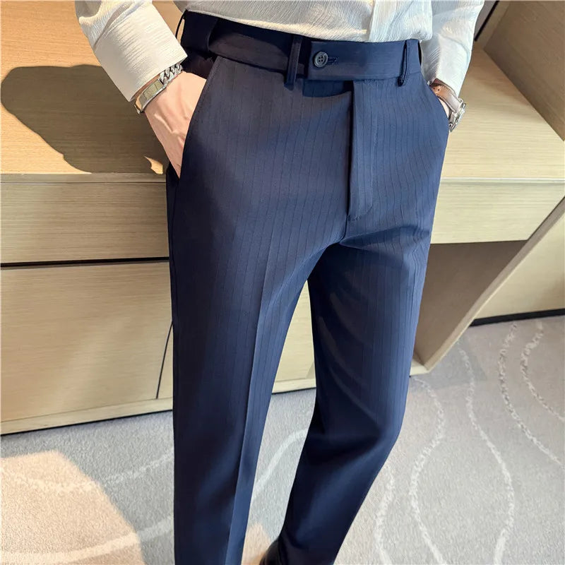 Men's Elastic Waist Suit Trousers - Smart Casual Solid Striped Pants for Autumn Winter