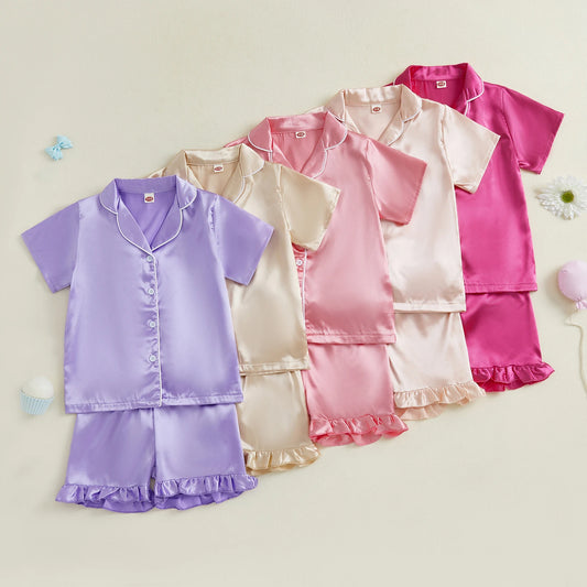 Baby Girls' Summer Pajamas Set - Button Down V-Neck Short Sleeve Top & Ruffled Shorts