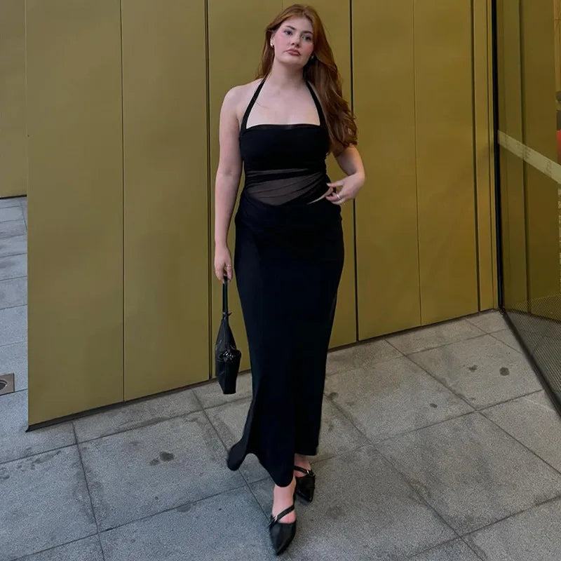 Women's Elegant Halter Mesh Sheer Cut Out Maxi Dress - Party Long Dress Outfit Asymmetrical Ruched Gown Summer Dress