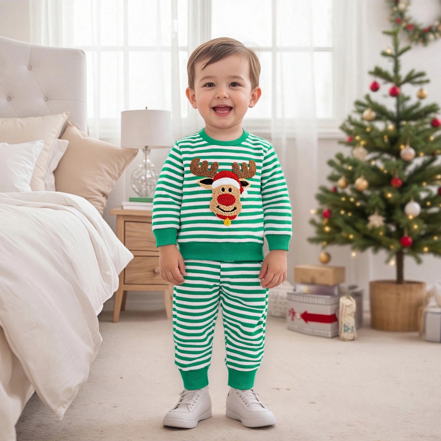 Infant Baby Boys Christmas Clothes Set - Long Sleeve Deer Embroidery Striped Sweatshirt & Pants