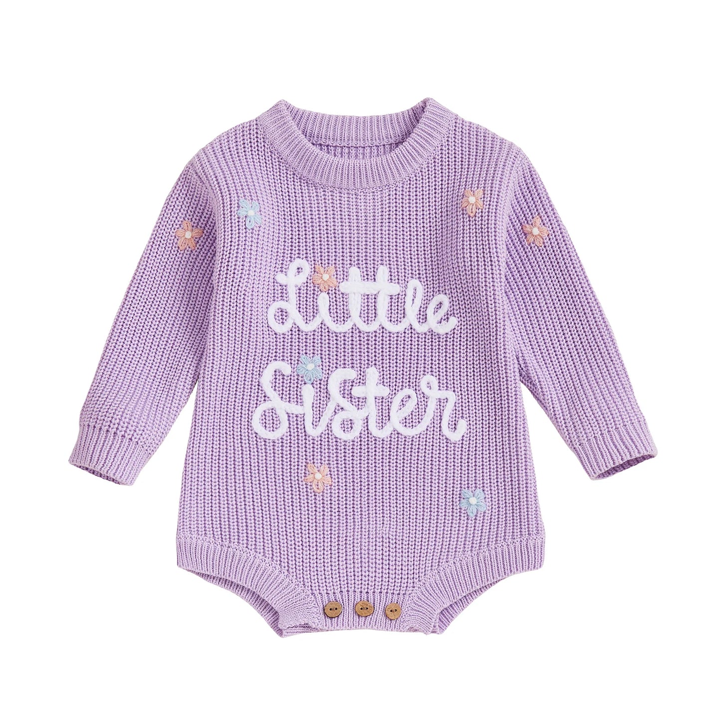 Newborn Baby Sweater Romper - Letter Floral Embroidery Round Neck Knit Jumpsuit