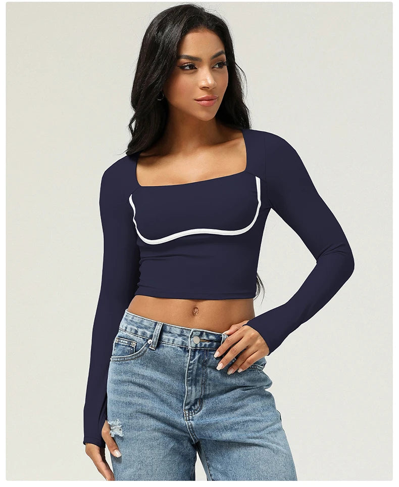 Women's Long Sleeve Yoga T-Shirt Square Neckline Gym Top Breathable Workout Running Crop Top Sportswear