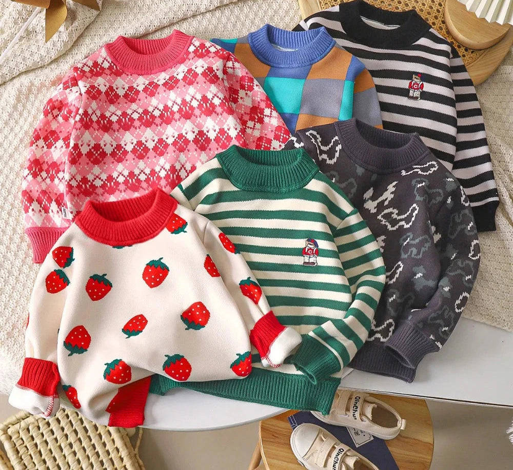 Girl's Cartoon Strawberry Printed Sweater Long Sleeved Round Neck Top 2-7 Yrs old