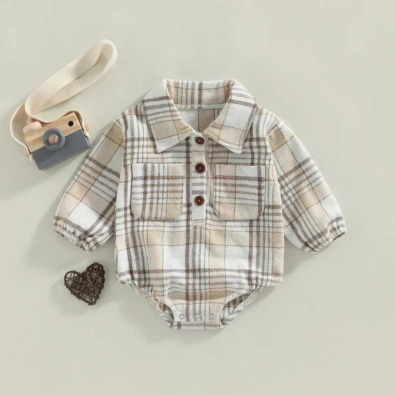 0-24M Infant Baby Boys Gentlemen Romper - Long Sleeve Turn Down Collar Plaid Printed Jumpsuit
