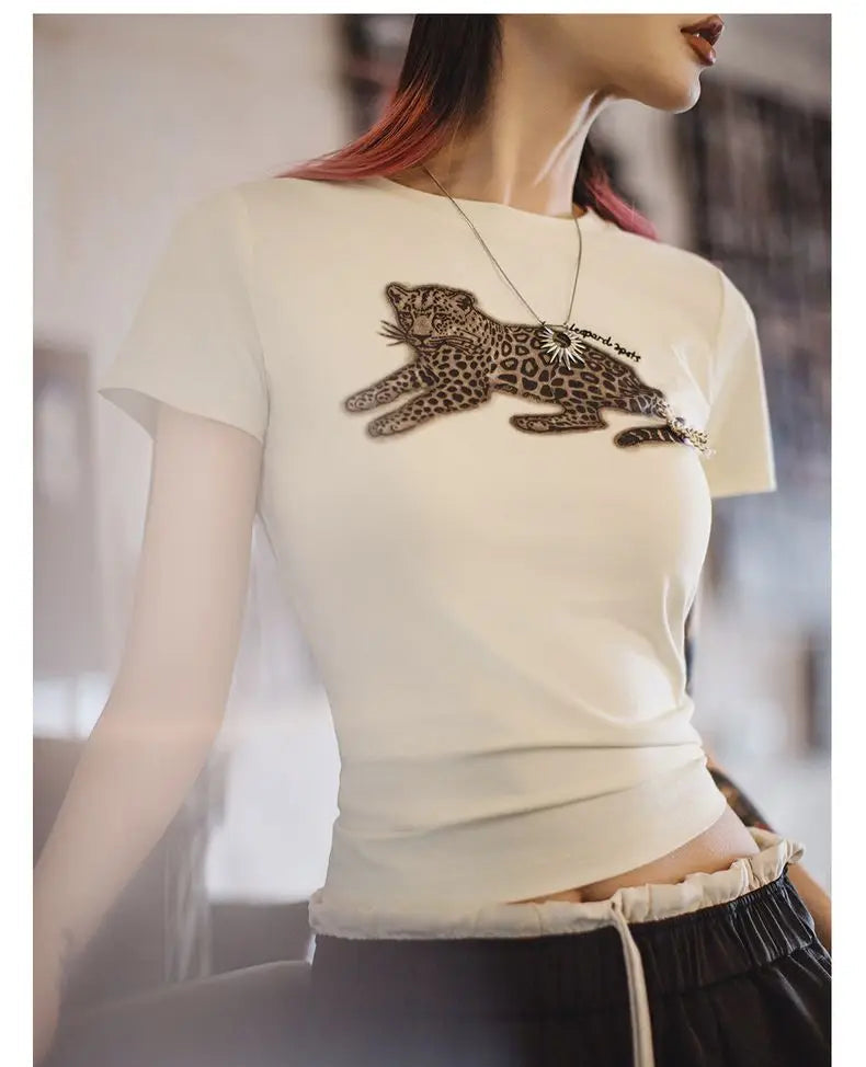 Women's Animal Print Short Sleeve T-Shirt - Vintage Crew Neck Tee