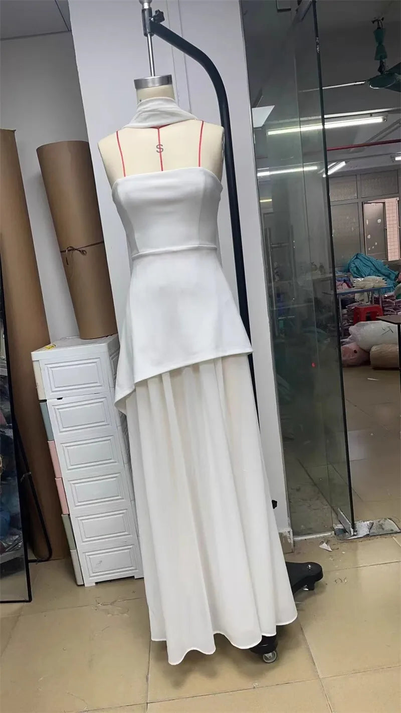 Women's Elegant Strapless Maxi Gown With Scarf Off-shoulder Sleeveless Backless Split Beach Long Dress