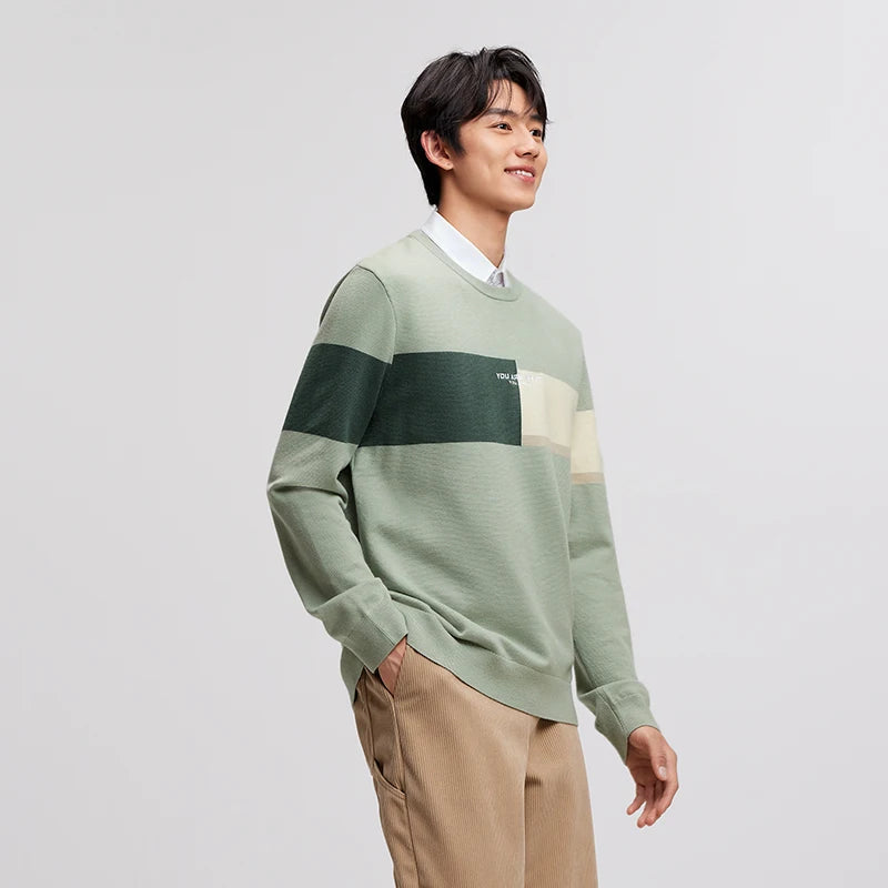 Men's Color Block Knit Sweater - Thermal Embroidered Pullover Winter Style