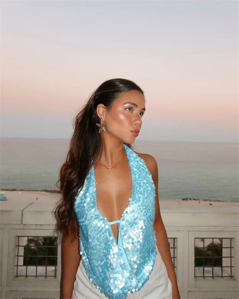 Women's Halter Deep V Neck Sequins Tank Cropped Top