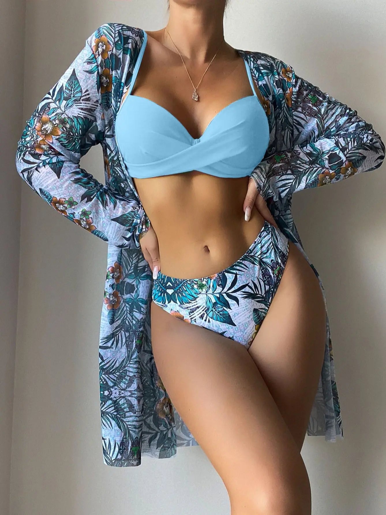 Women's Print Beach Cover Up And Bikini Set Swimwear Hollow Out Swimsuit High Waist Three Piece Beachwear