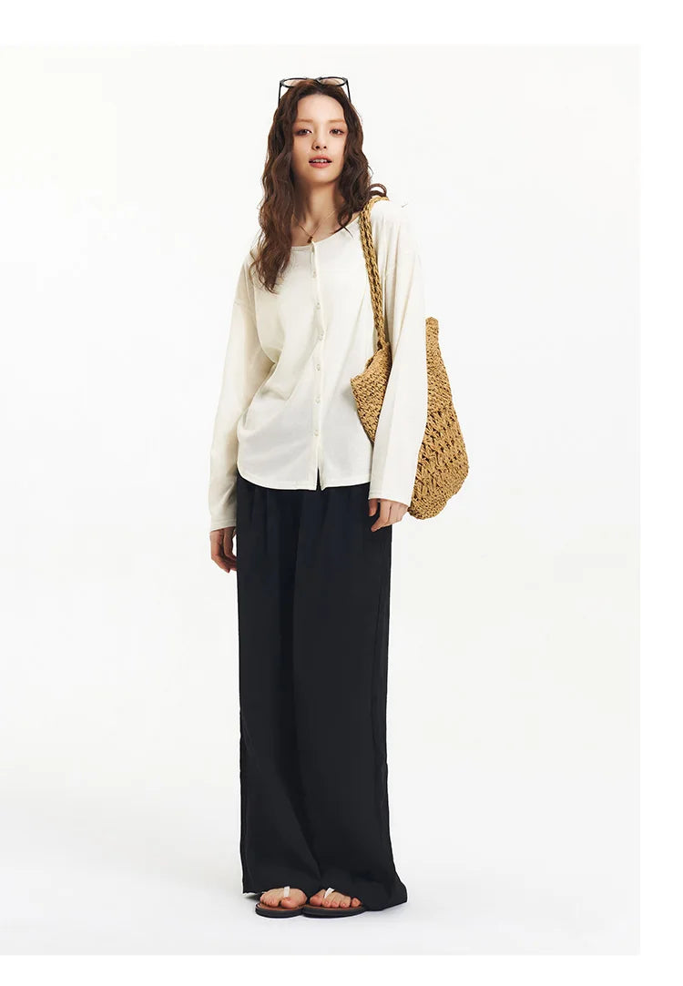 Women's Long Sleeve U-Neck T-Shirt - Minimalist Elegant Cardigan Style Top