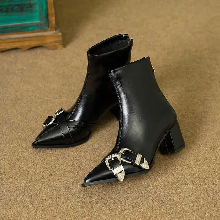 Women's Leather Metal Belt Buckle Short 6cm Square Heel Rivet Boot Back Zipper Boots