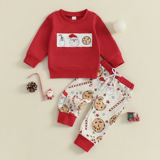 Baby Christmas Outfit Set - Santa Claus Candy Print Crew Neck Top & Pants