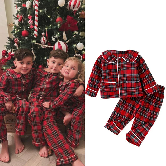 Kids Christmas Pajamas Set - Plaid Print Turn Down Collar Shirt & Pants