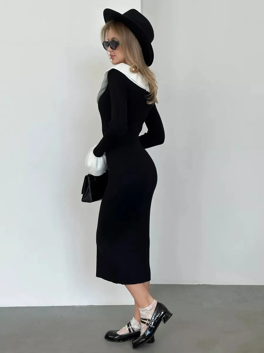 Women's Knitted Long Splice Contrast Colour Bodycon Sweater Elegant Flare Sleeve Dress