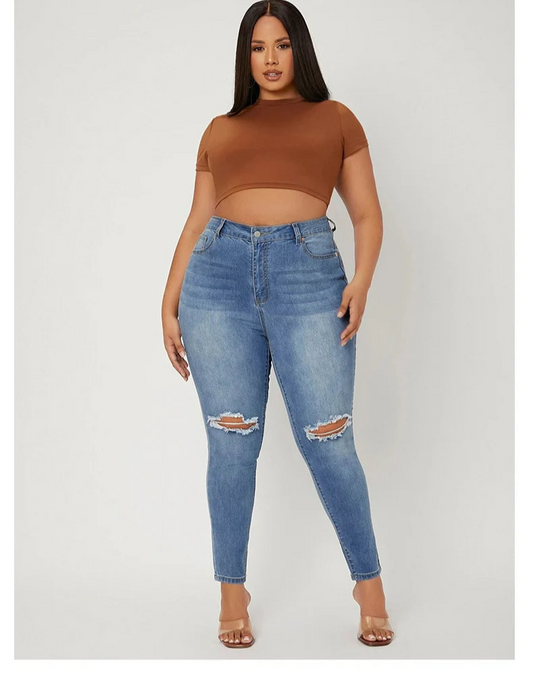 Women's Plus Size Ripped High Waist Stretchy Denim Jeans
