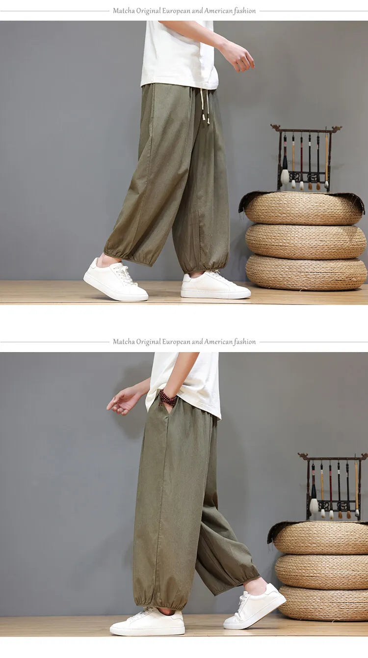 Men's Summer Wide Leg Pants Casual Breathable Loose Ankle Length Harem Trousers