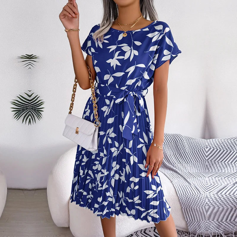 Women's Floral Pleated A Line Long Spring Summer Short Sleeve High Waist Chic Dress