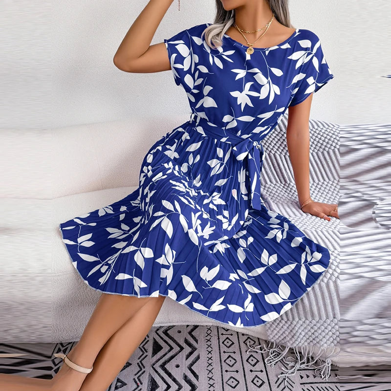 Women's Floral Pleated A Line Long Spring Summer Short Sleeve High Waist Chic Dress