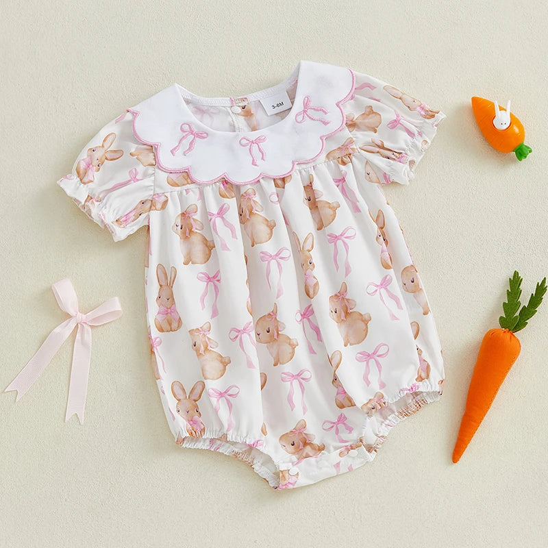 Easter Baby Girls Cute Romper - 3 Style Rabbit Bow Print Doll Collar Ruffle Short Sleeve Bodysuit (0-18M)