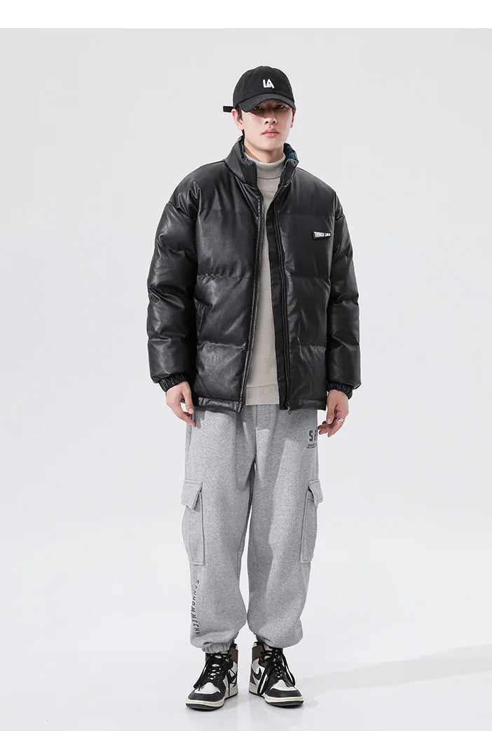 Men's PU leather Stand-up collar thickened cotton-padded Jacket