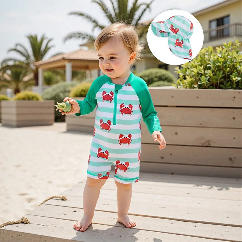0-4Y Toddler Kids Boys Swimwear Summer Crab Stripe Print Zipper Rash Guard Swimsuit and Hat Beachwear