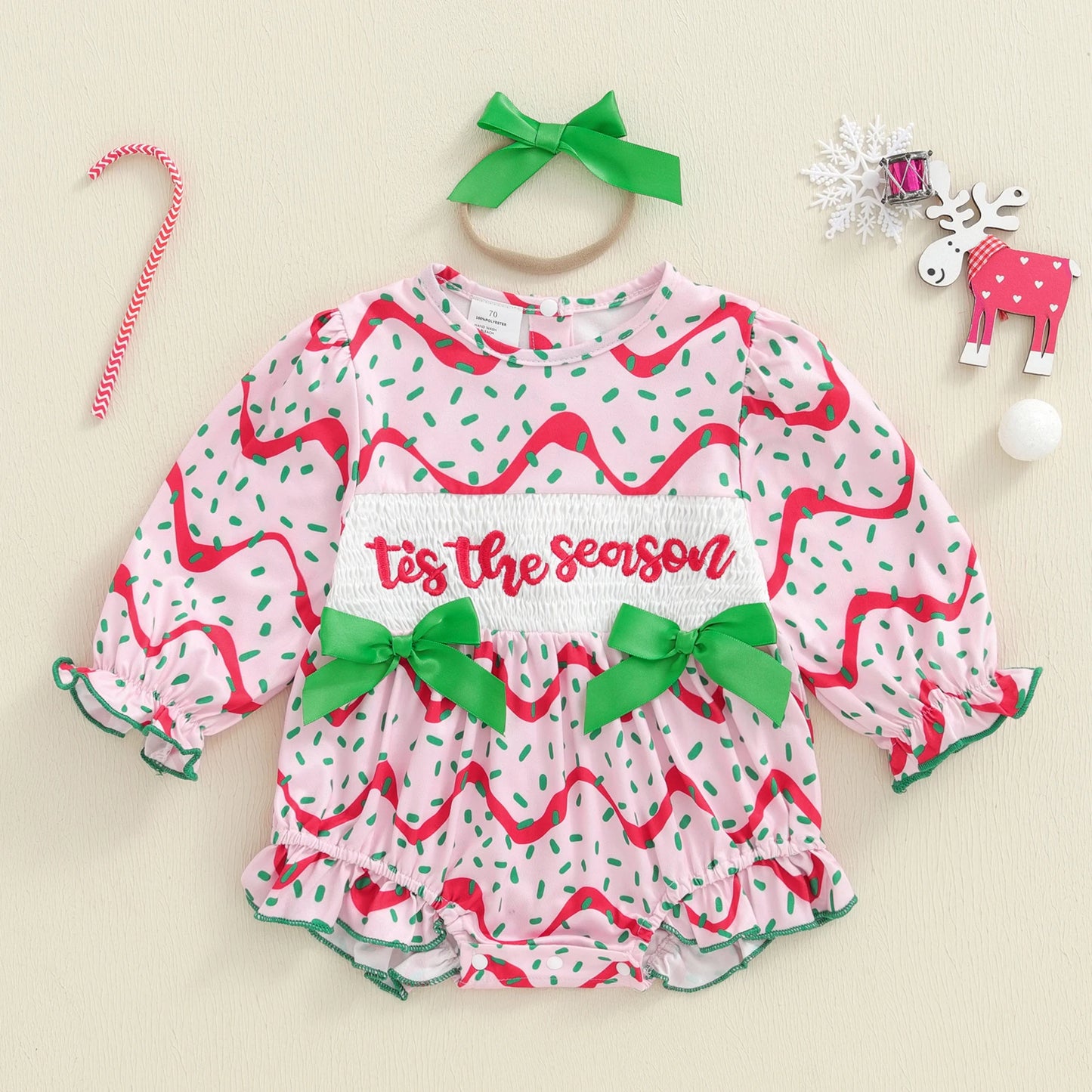 Baby Girls Christmas Romper Set - Letter Embroidery with Bow Headband