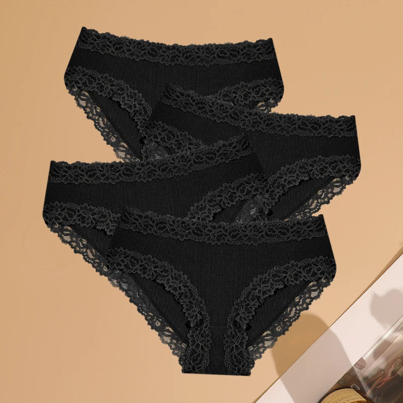Women's Cotton Ribbed Underwear Set - 4 Pack Lace Floral Low-Waist Briefs