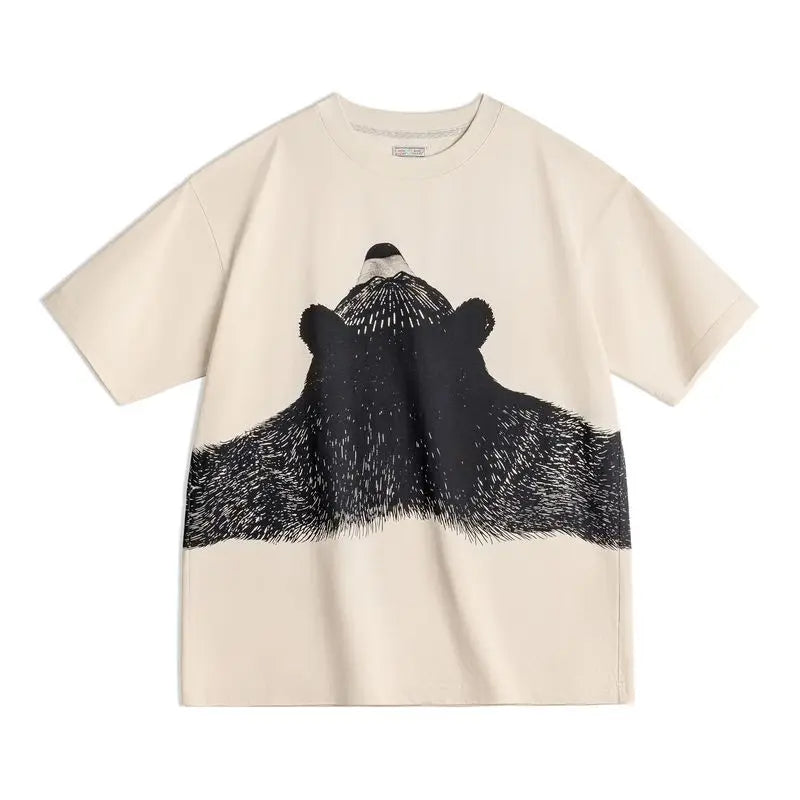 Women's Apricot Bear Print Oversized T-Shirt - Cute Loose Fit Ribbed Crew Neck Summer Tee