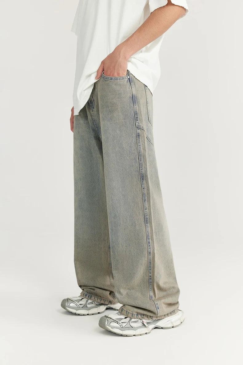 Unisex Retro Washed Jeans Stretch Straight Leg Denim Trousers