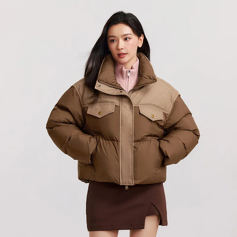 Down Jacket Women Waterproof Patchwork Oversize Stand Collar Winter Trendy Coat