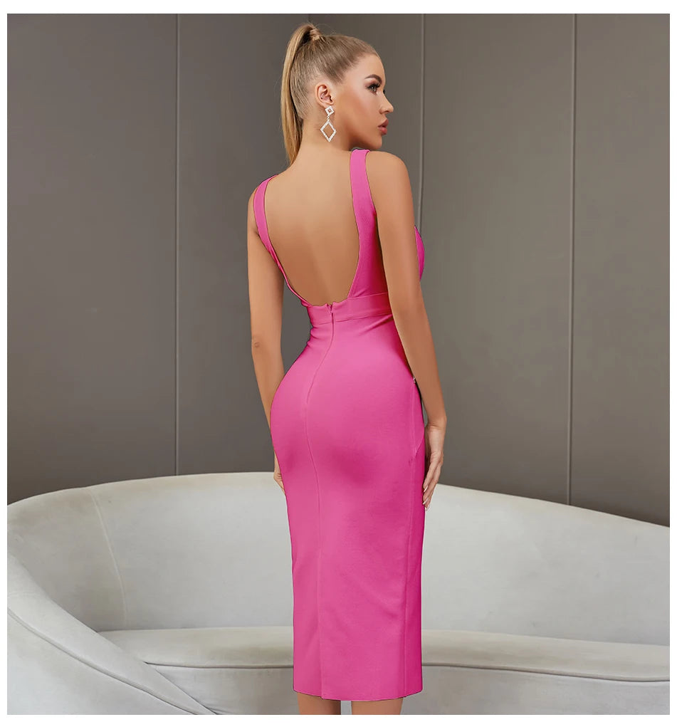 Backless Bandage Midi Dress - Sleeveless Bodycon Party Dress