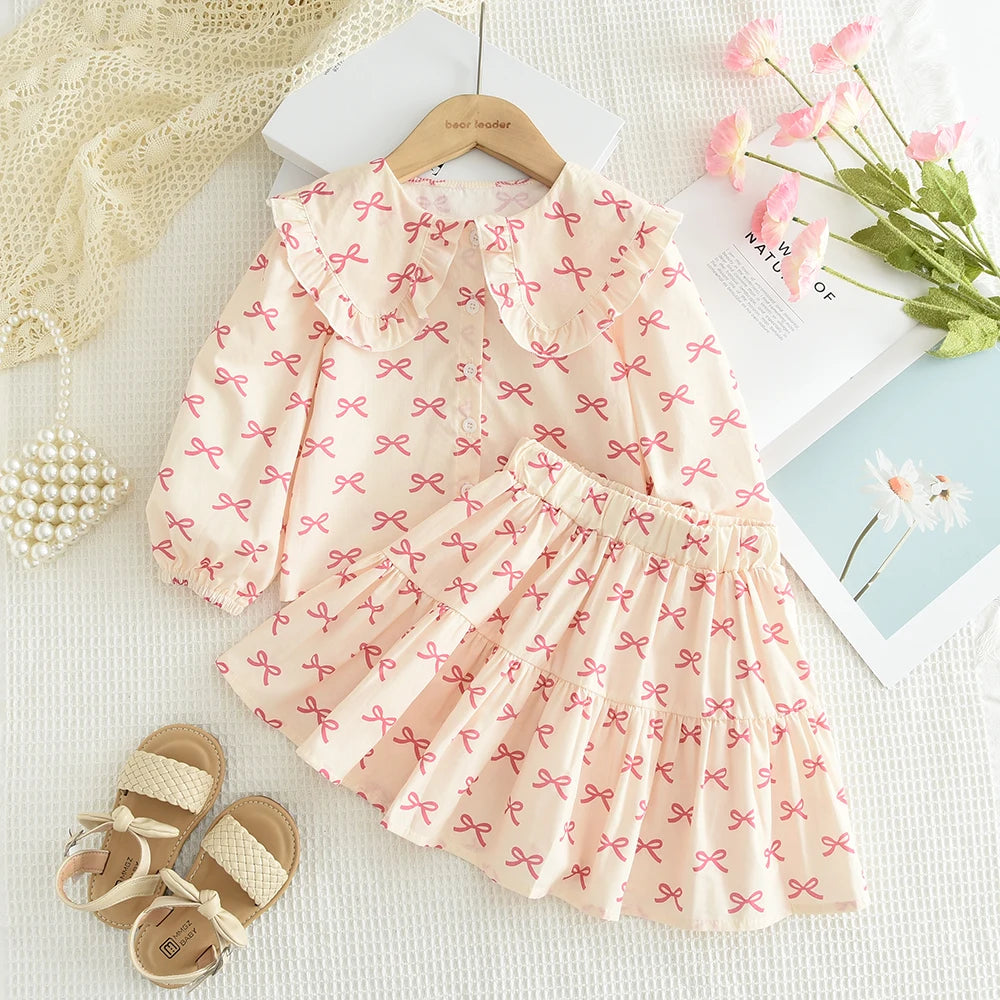 Girl's 2-6 Year Old Bow Print Long Sleeved Lapel Shirt and Skirt Two-piece Set
