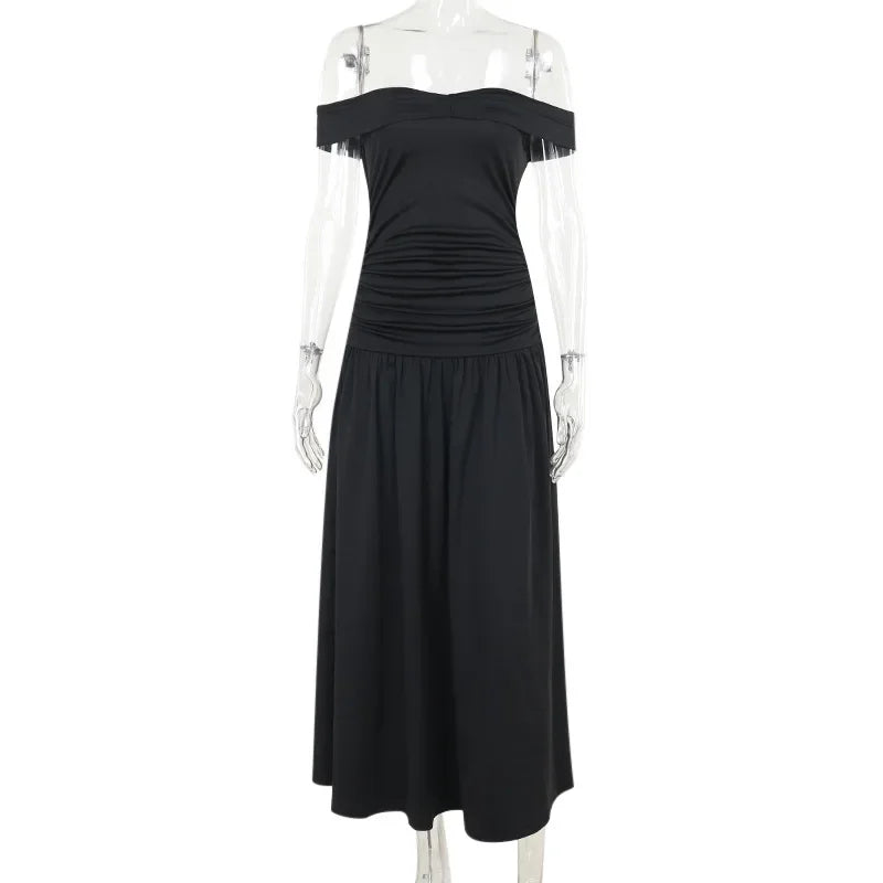 Women's Ruched One-Shoulder Party Long Sleeveless High Waist A-Line Dress