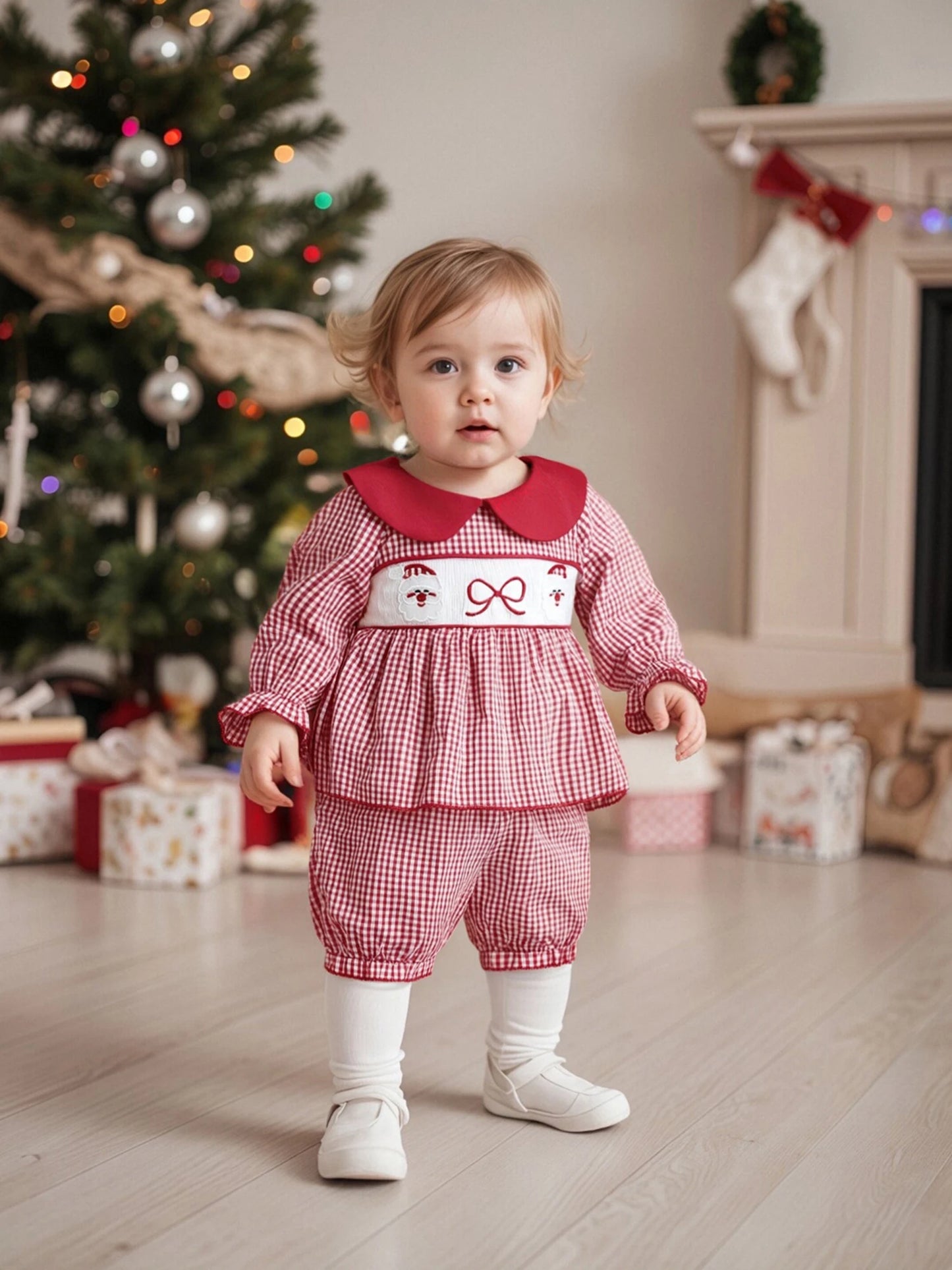 Baby Girls' Christmas Outfit Set - Long Sleeve Plaid Top & Lantern Shorts 2 Piece