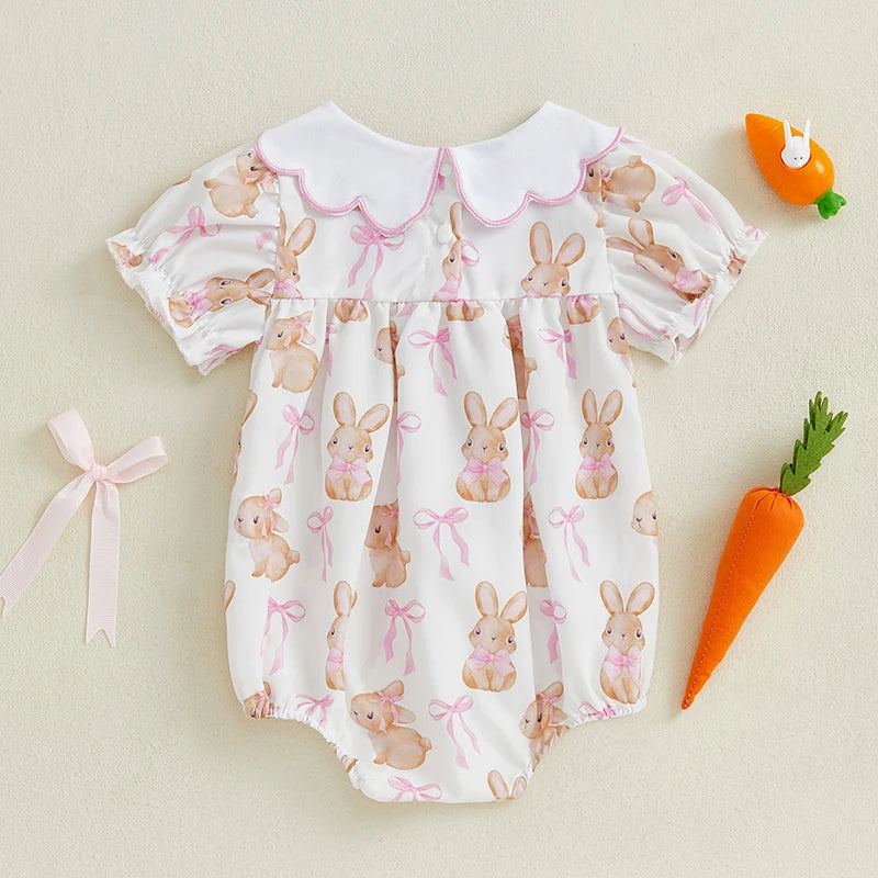 Easter Baby Girls Cute Romper - 3 Style Rabbit Bow Print Doll Collar Ruffle Short Sleeve Bodysuit (0-18M)