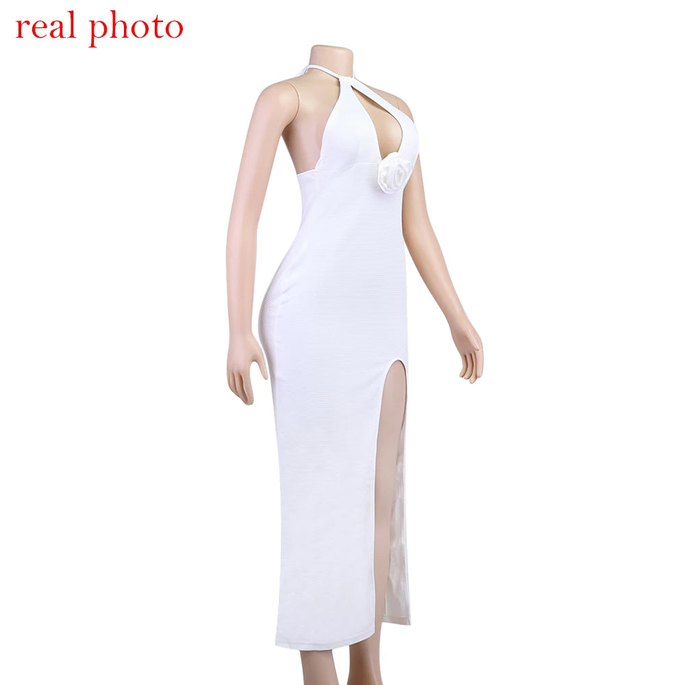 Women's Floral Applique Halter Summer Maxi Cut Out Backless Split Dress