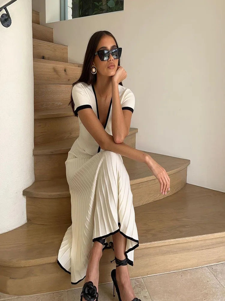 Women White long Skirt and Short Sleeve V-neck Crop Top Pleated Skirt set 2 PCS Set