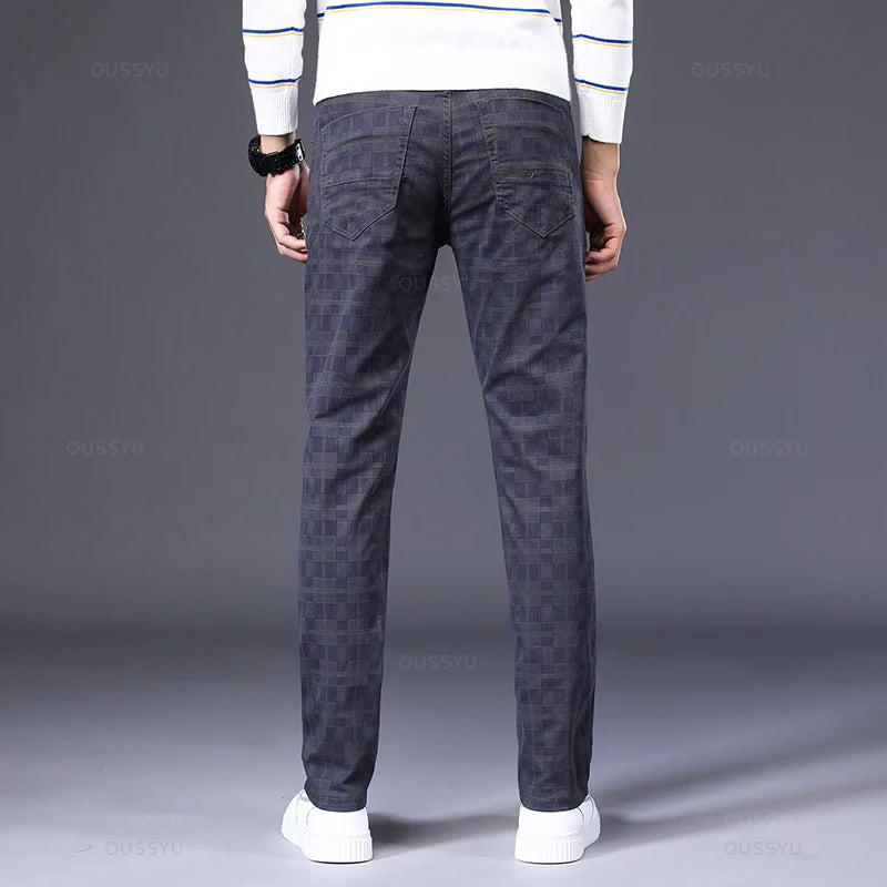 Men's Plaid 98% Cotton Stretch Straight Classic Trousers