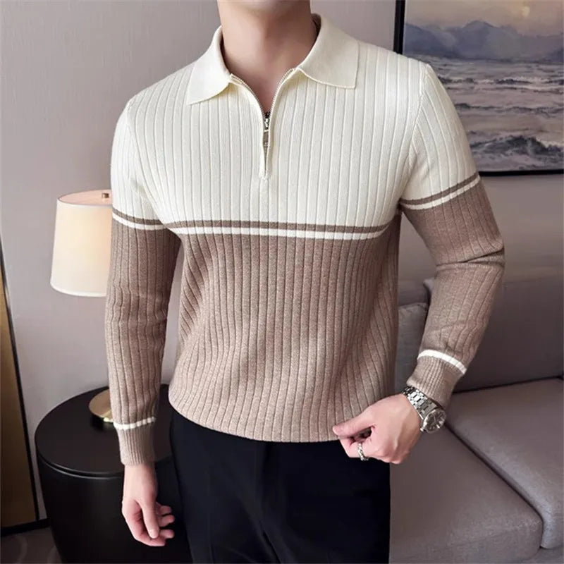 Men's Autumn Winter Polo Collar Sweater - Patchwork Knit Pullover