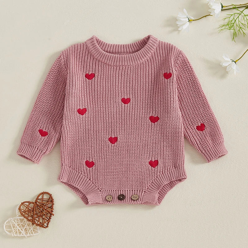 Newborn Baby Girl's Sweater Romper - Heart Knit Long Sleeve Jumpsuit for Valentine's