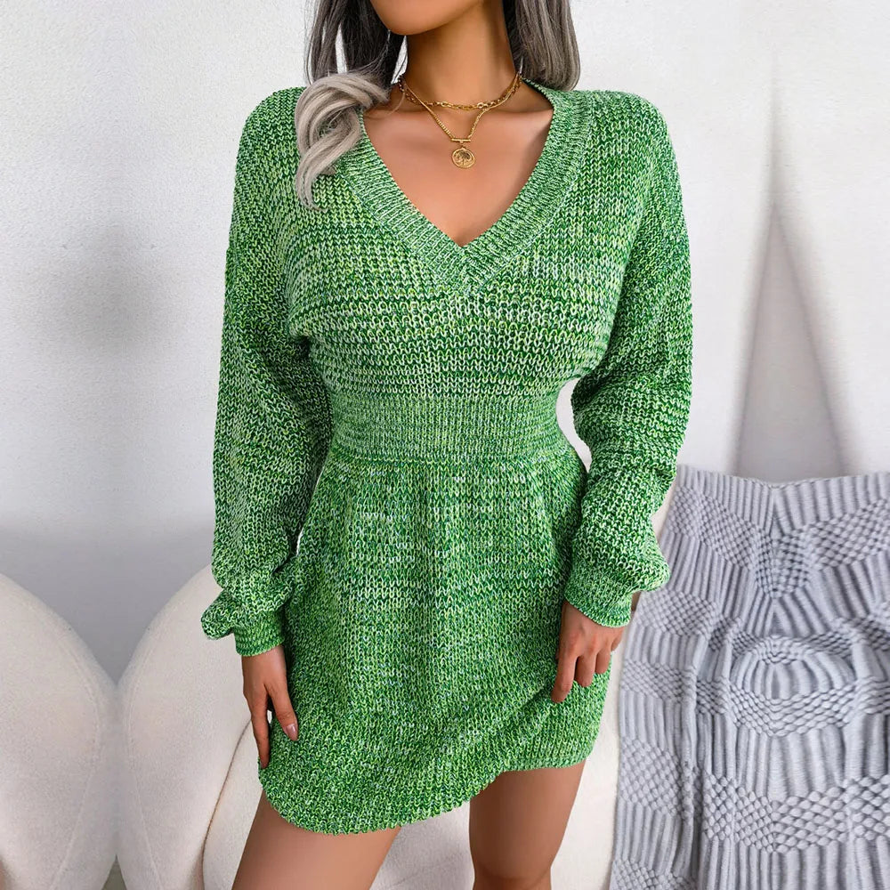 Women's Autumn Winter V Neck Lantern Sleeve Nipped High Waist Sweater Chic Knitted Dress