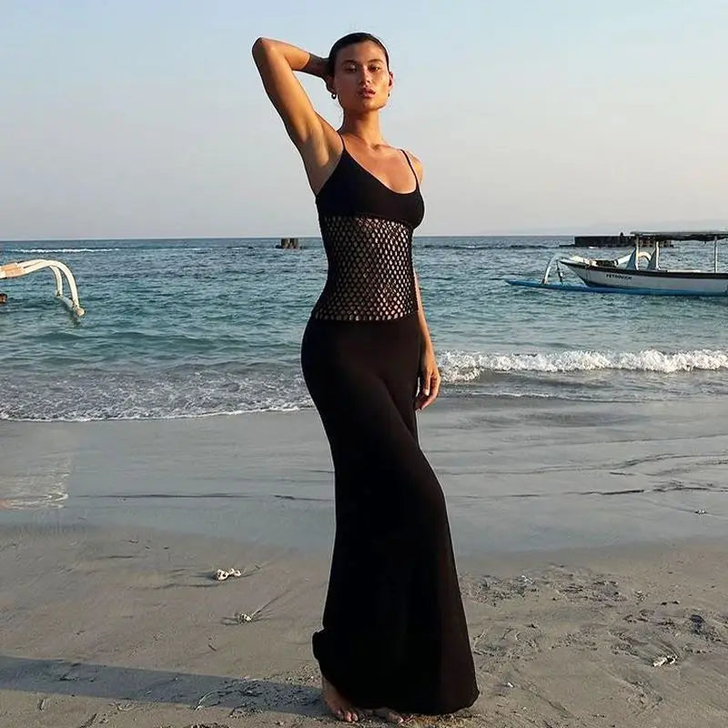 Women's Fishnet Detail Maxi Mesh Splice Slip Dress