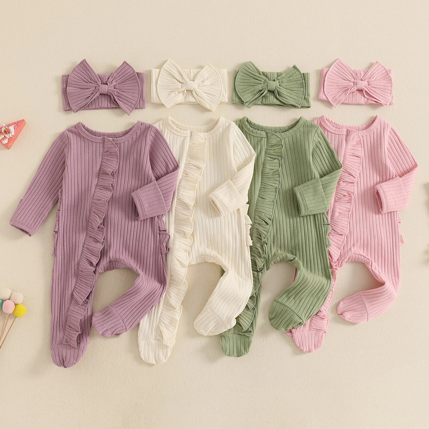 Newborn Baby Romper Set - Solid Ribbed Ruffle Trim Zipper Footed Jumpsuit & Bow Headband