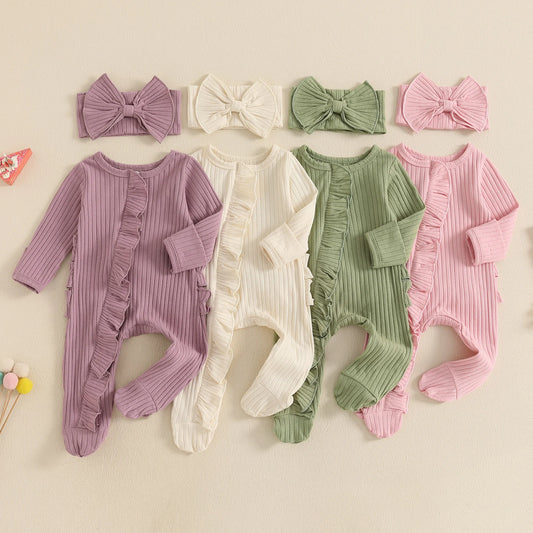 Newborn Baby Romper Set - Solid Ribbed Ruffle Trim Zipper Footed Jumpsuit & Bow Headband